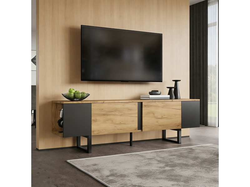  Meuble tv 180x40x55 cm - meuble bas avec 2 placards et rangements ouverts latéraux, pour tv jusqu’à 75 pouces  - Conforama B