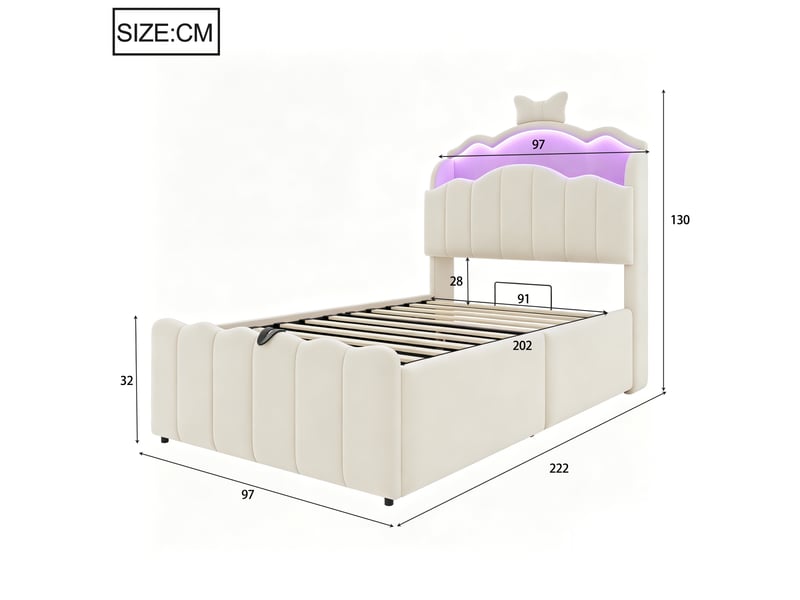 Lit coffre 90x200 cm - lit 1 place enfant avec rangement hydraulique, tête de lit led, usb et usb-c - velours - beige - Conforama C