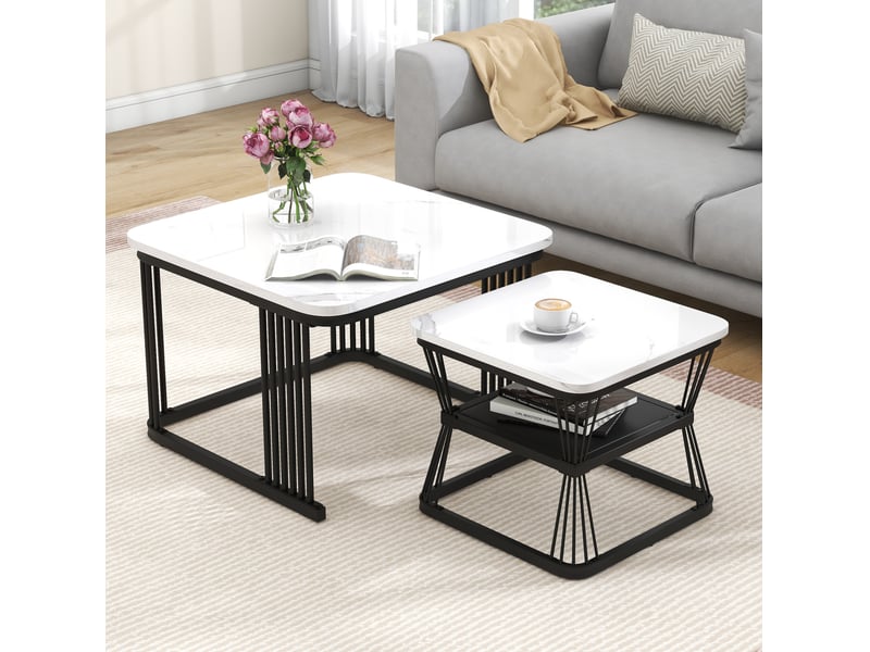 Tables basses gigognes lot de 2 avec plateaux effet marbre brillant et piétement en acier noir, mdf blanc pour salon - Conforama B
