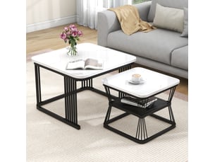 Tables basses gigognes lot de 2 avec plateaux effet marbre brillant et piétement en acier noir, mdf blanc pour salon