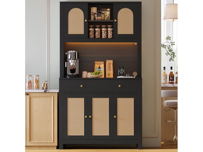 Buffet de cuisine haut led avec 5 portes en rotin, 2 tiroirs et prises intégrées, en mdf noir, 100 × 40 × 180 cm - Conforama D