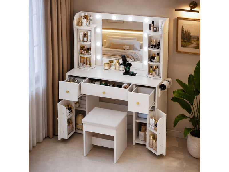 Coiffeuse miroir led 115x40x142 cm, éclairage réglable, organiseur bijoux pivotant, usb-c, 3 tiroirs, 2 armoires, panneau particules - blanc  - Conforama E