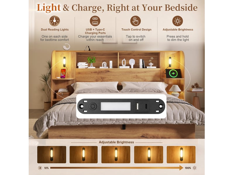  Lit coffre 2 places 160x200 cm avec led et usb coloris chêne  - Conforama D