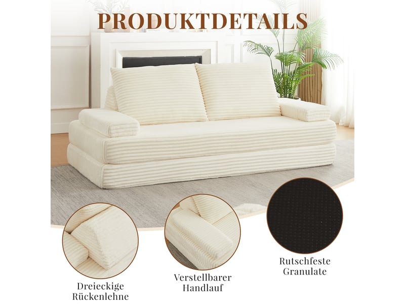 Canapé beige convertible modulable 211 cm en velours côtelé, 2 dossiers triangulaires mobiles, 2 accoudoirs am ovibles, 2 coussins, couchage d’appoint beige - Conforama E