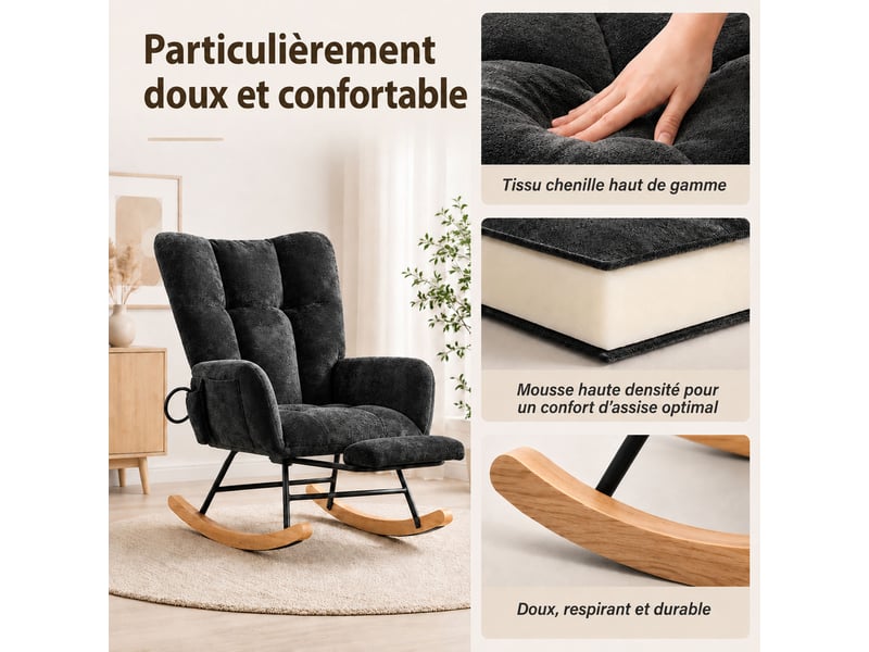 Chaise à bascule ergonomique en tissu chenille noir avec repose‑pieds rétractable, poche de rangement, structure métal et bois massif, charge 120 kg  - Conforama C