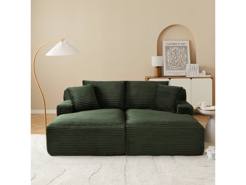  Canapé droit profond fixe et compressé kenedy 3 places velours côtelé vert  - Conforama B