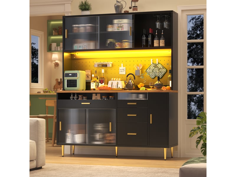  Buffet de cuisine 5 portes 4 tiroirs - 145 cm noir led mdf buffet de cuisine noir - Conforama D