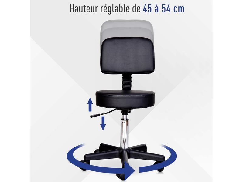  Tabouret massage a roulettes reglable en hauteur avec dossier ergonomique noir pivotant  - Conforama E