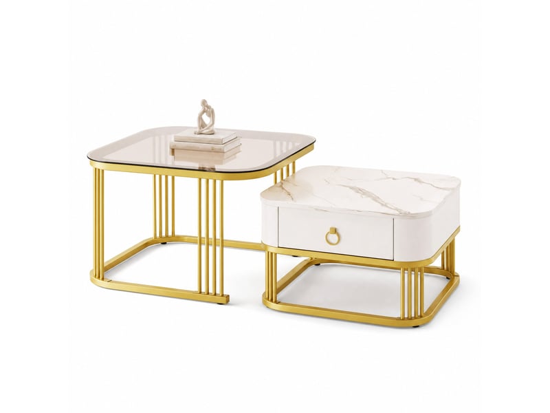  Tables basses gigognes 2 pièces – mdf effet marbre, verre brun et détails dorés – 60 x 60 cm  - Conforama A