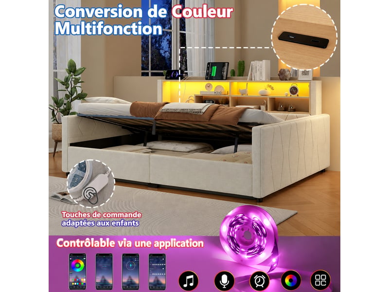 Lit banquette 140 x 200 cm avec coffre hydraulique, led, usb-a et usb-c, lin beige  - Conforama D