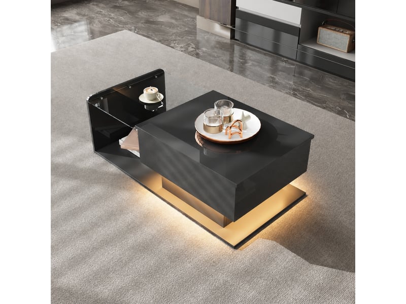  Table basse noire brillante réglable en hauteur avec plateau en verre trempé et led, 100 x 50 cm  - Conforama D