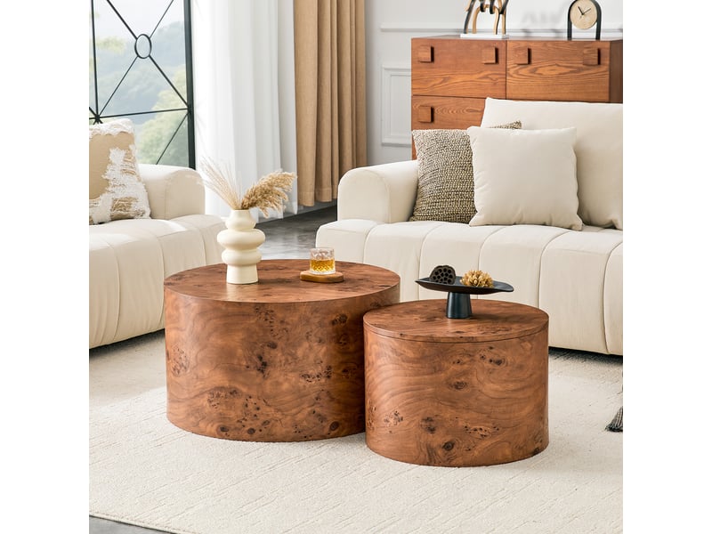  Lot de 2 tables basses gigognes rondes, avec rangement intégré, ø 62,844 cm, h 3529 cm, aspect bois brun, rangement intérieur, pour le salon Luxe haut de gamme - Conforama B