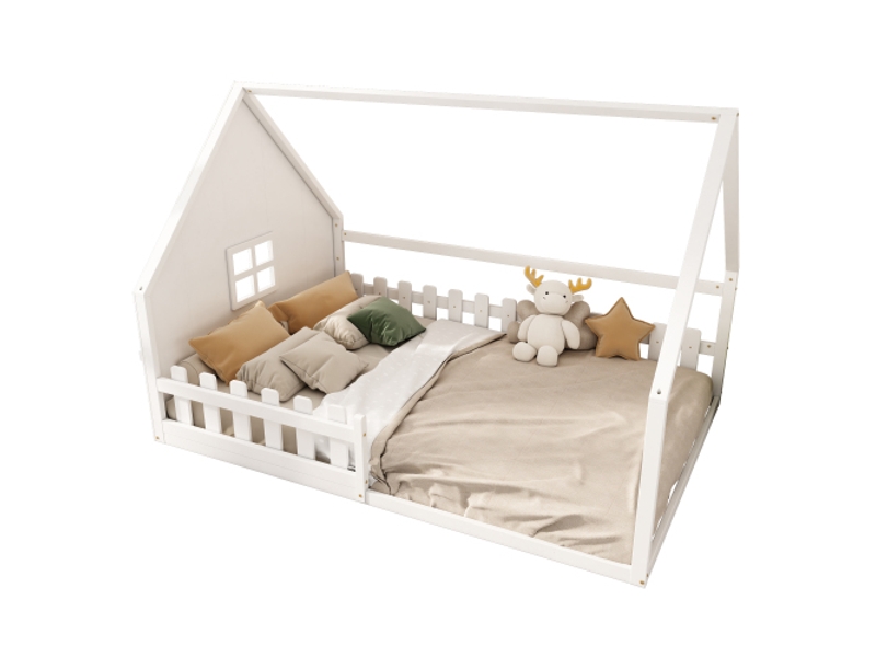  Lit cabane 140x200 cm, lit double avec barriéres de sécurité, cadre de lit en pin, blanc, sans matelas  - Conforama A