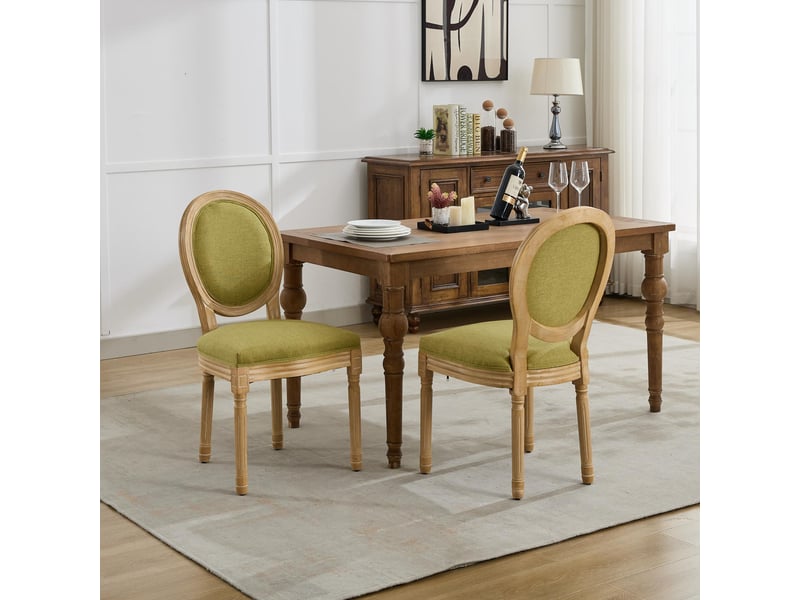  Lot de 2 chaises salle à manger style français bois massif dossier rotin lin imprimé tableau vert olive  - Conforama B
