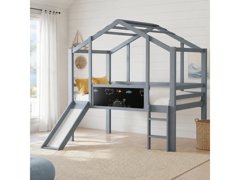  Lit mezzanine enfant 90 x 200 cm avec toboggan, échelle, tableau et barrières gris  - Conforama B