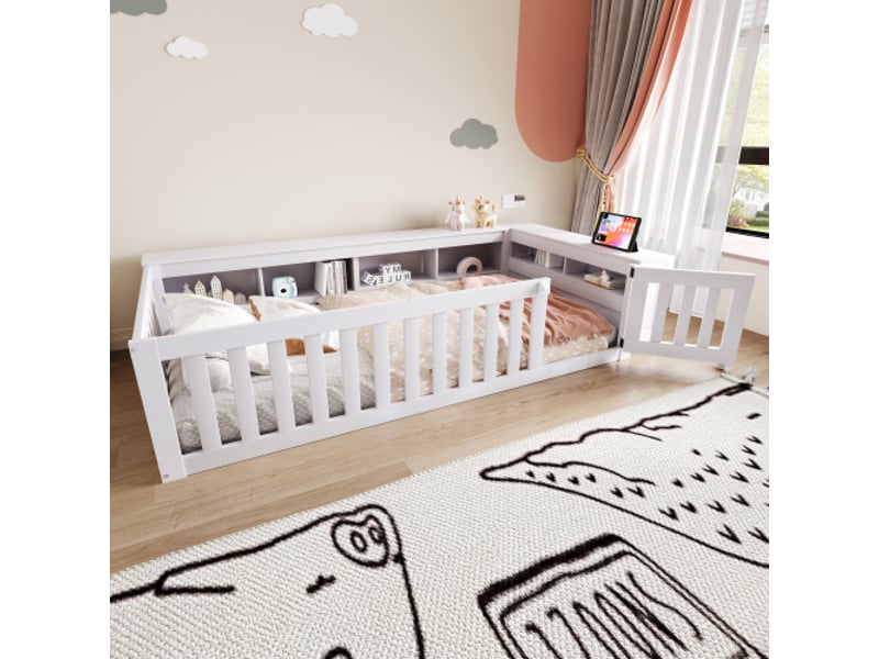  Lit enfant 90x200 cm, lit au sol avec rangement, barrière de sécurité et porte, en bois, blanc, sans matelas  - Conforama B