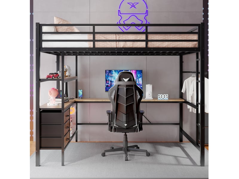 Lit mezzanine 140 x 200 cm, bureau, 3 tiroirs, éclairage led, prise usb, métal-mdf, avec télécommande, noir, sans matelas - Conforama R