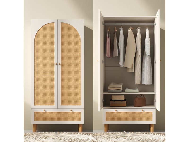  Armoire penderie 180x85x52 cm avec portes en rotin, barre de vêtements, étagères réglables et tiroir, rangement chambre, style naturel blanc  - Conforama C