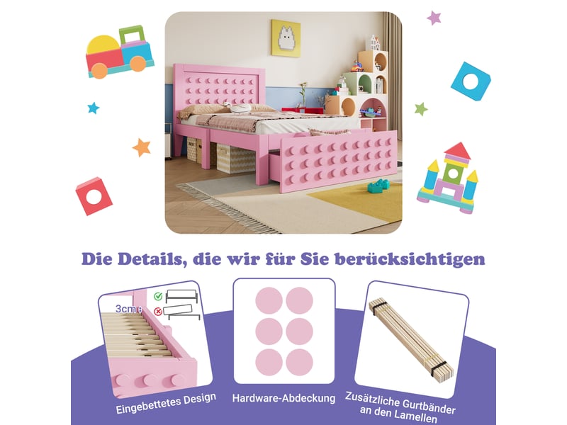  Lit enfant 90x200 cm avec tiroirs et espace de rangement, cadre de lit en bois massif avec sommier lattes, rose, lit 1 personne  - Conforama E