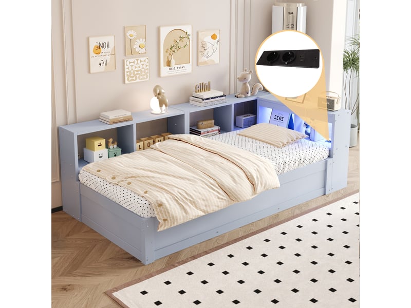  Canapé-lit 90x200 cm, lit enfant, couchage d'appoint, rangement hydraulique, led, bois gris, prise intégrée  - Conforama W