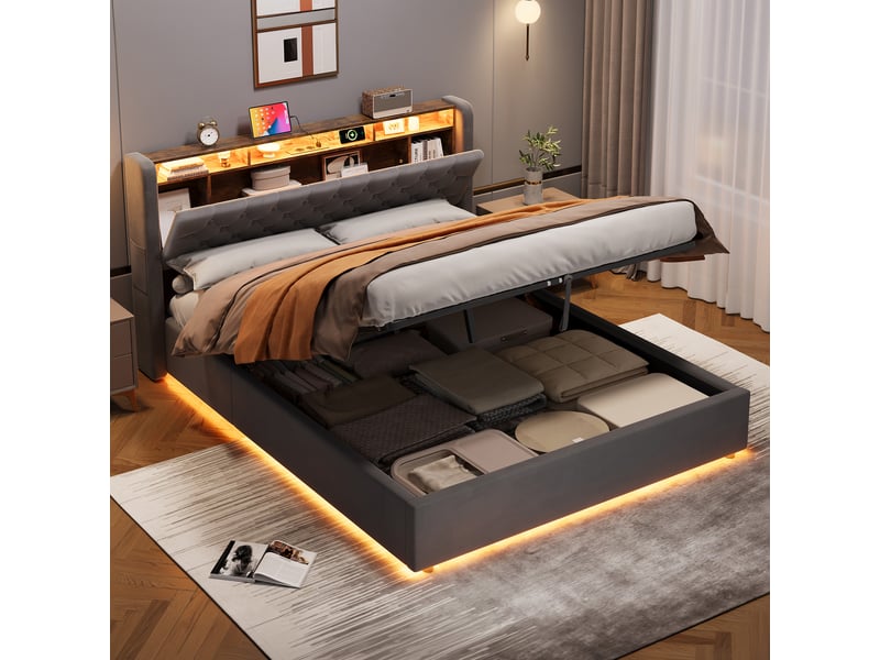  Lit coffre 2 places 160x200 cm avec led et usb-c, en velours gris  - Conforama E