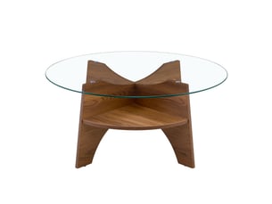 Table d'appoint ronde en verre trempé ø80 cm - piètement éventail, pieds mdf effet noyer, design multifonction