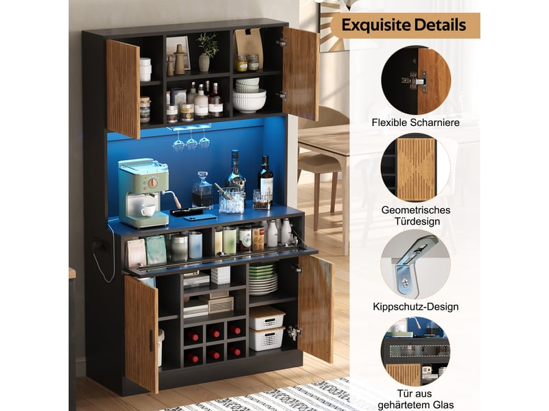  Buffet haut de cuisine 105x40x180 cm avec led rgb, 2 prises, 2 usb, porte en verre rabattable, porte-verres, casier à vin amovible, effet bois naturel  - Conforama E