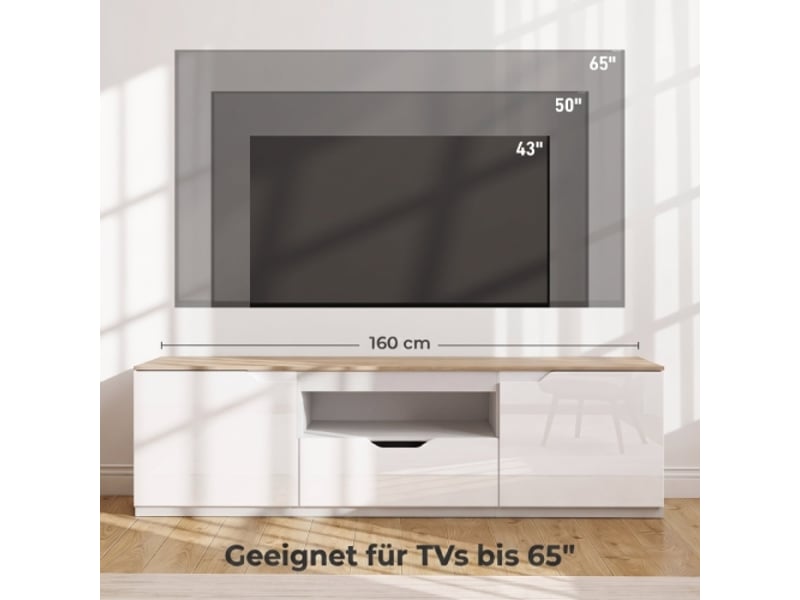  Meuble tv 160 cm effet bois naturel, finition brillante, 3 compartiments et tiroir, pour tv jusqu’à 65  - Conforama D