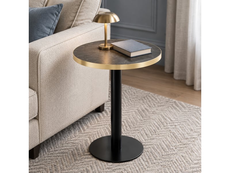  Table d'appoint ronde avec plateau effet marbre et piètement central en métal pour salon, chambre ou balcon, diamètre 60 cm  - Conforama C
