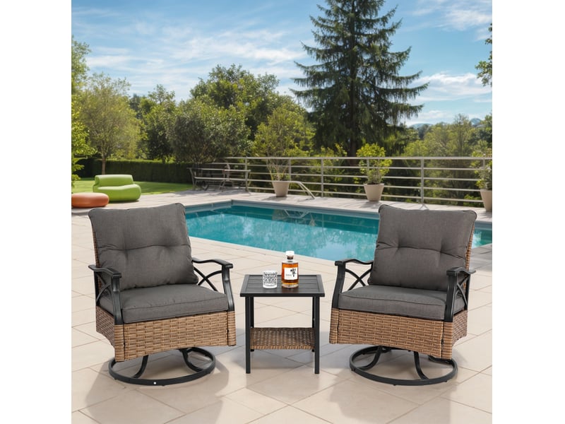 Salon de jardin extérieur 2 fauteuils pivotants 360 degrés et table, acier et résine tressée marron gris - Conforama B