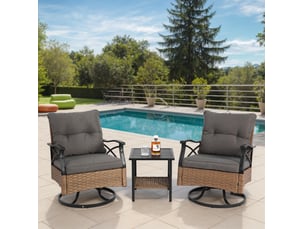 Salon de jardin extérieur 2 fauteuils pivotants 360 degrés et table, acier et résine tressée marron gris