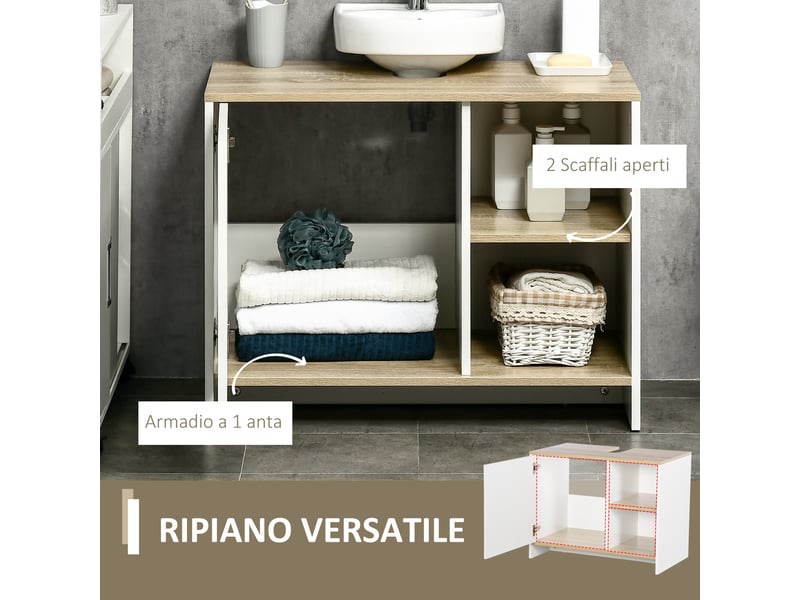  Meuble sous lavabo blanc et bois avec porte et 2 niches, 77 x 45 x 60 cm  - Conforama W
