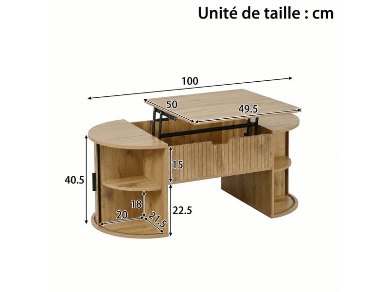  Table basse ovale relevable en mdf effet chêne avec rangements, 100 x 50 x 40,5 cm  - Conforama C