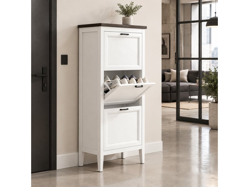  Meuble à chaussures 60l x 26,5p x 133,7h cm en mdf avec 3 portes abattantes blanc chicfurn  - Conforama C