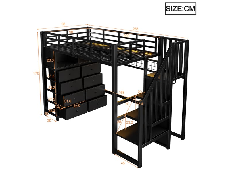  Lit mezzanine 90 × 200 cm avec 8 tiroirs, led, étagères et panneau à crochets, sans matelas, noir  - Conforama E