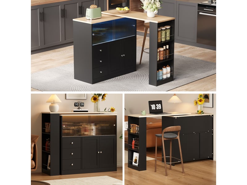  Îlot de cuisine table bar 172x40x96 cm - table pivotante à 360° - porte coulissante vitrée - tiroir et étagères latérales - mdf - noir CozyNest - Conforama B