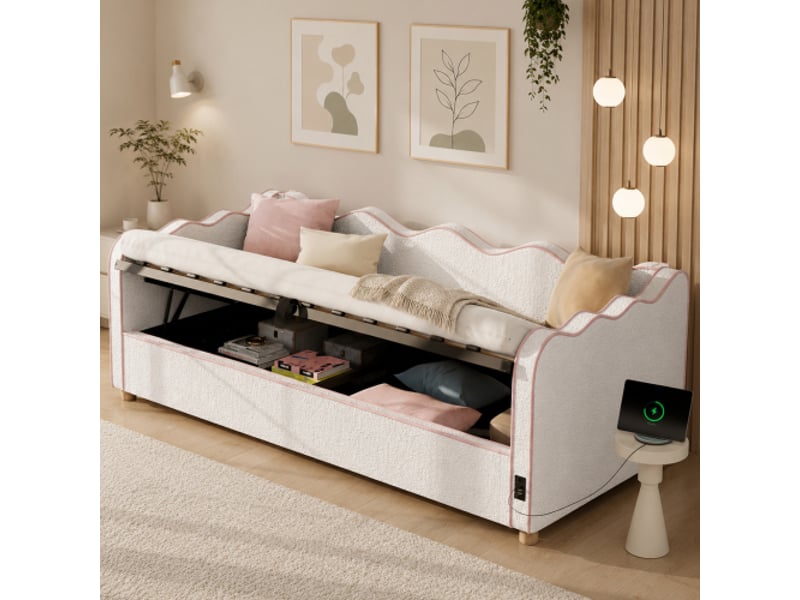 Lit de jour 90x200 cm avec coffre hydraulique — canapé-lit capitonné beige bouclé, usb, dossier inclinable - Conforama D