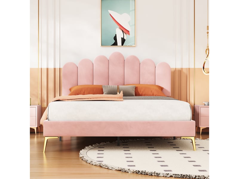  Lit capitonné en velours rose 140 x 200 cm  - Conforama B