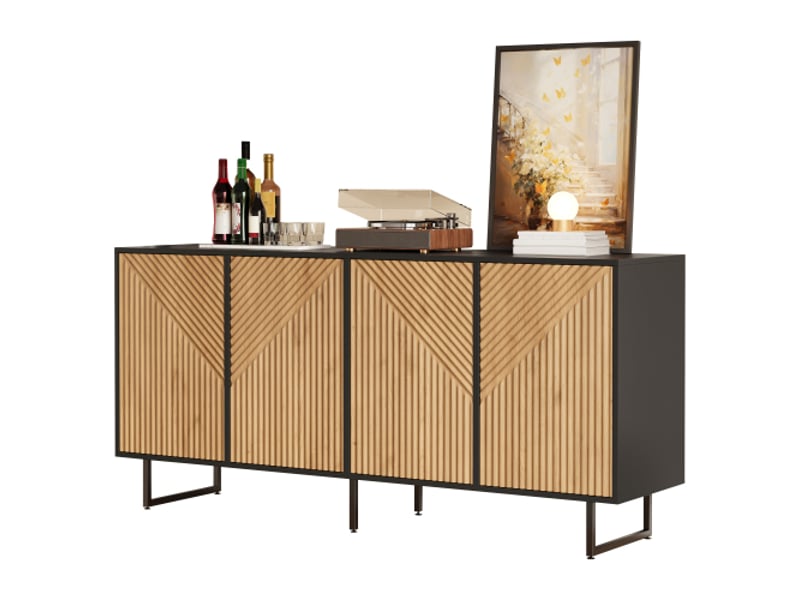 Buffet moderne, de salon, 160x40x75 cm, 4 portes, moulé sous vide, finition noire imitant le grain du bois naturel, pieds de soutien en fer - Conforama A