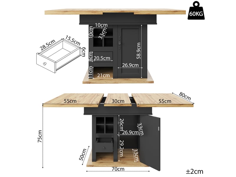 Table de séjour rectangulaire avec allonge noir+naturel - 80x110-140max.cm mdf table bicolore - Conforama C