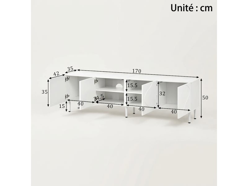  Meuble tv blanc 170 cm avec 4 portes et façades aux lignes courbées 3d, design moderne  - Conforama C