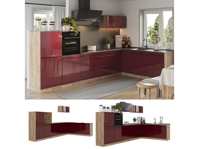 Vicco cuisine en angle, rouge brillantchêne doré, 347 x cm plan de travail marbre  - Conforama D