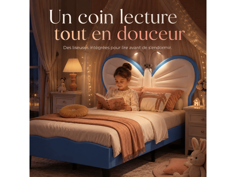  Lit enfant pour une fille 90x200 - sommier à lattes + liseuse + dossier rembourré - tête de lit réglable - 1 personne - lit fille 90x200cm avec led - lit enfant rembourré avec sommier à lattes - tête de lit réglable en papillon …  - Conforama W