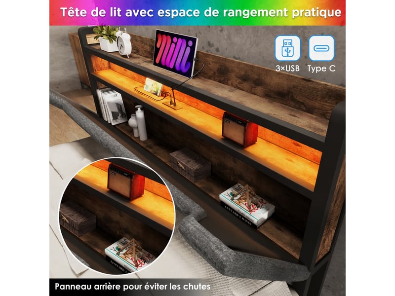 Lit en lin gris avec rangement, 2 tiroirs, led, usb-c et sommier, 160x200 cm - Conforama E