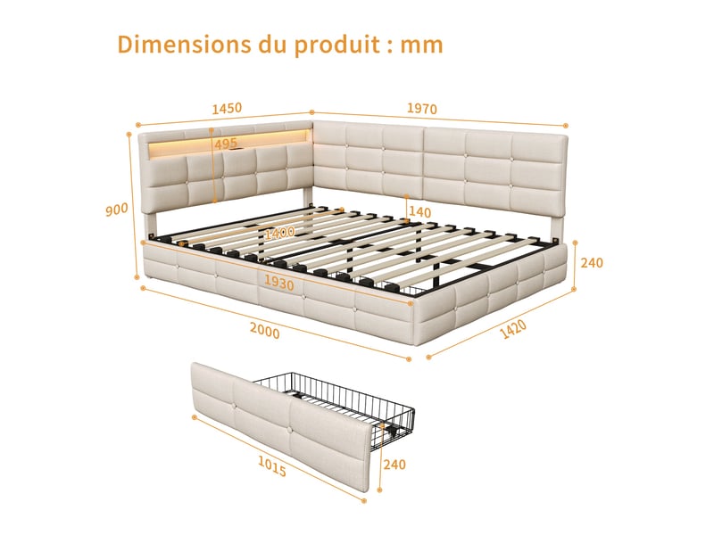  Lit 140x190cm - lit double 140x190 - lit rembourré en l avec 2 tiroirs, éclairage led, ports usbtype-c - tissu en lin beige  - Conforama E
