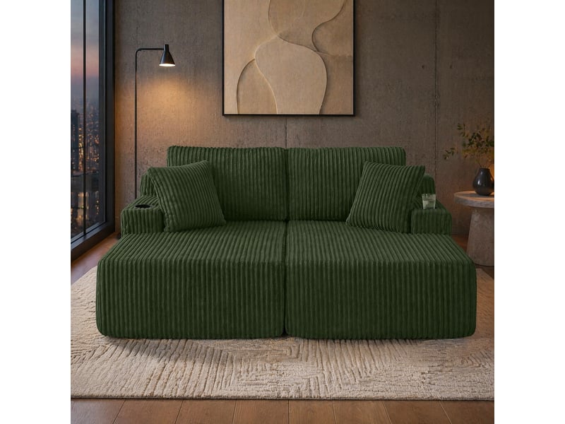  Canapé convertible 2 places avec porte-gobelet et poche latérale  - coussins amovibles, tissu côtelé vert  - Conforama C