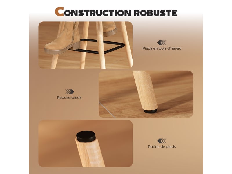  Lot de 2 tabourets de bar, chaises de bar capitonnées avec dossier et repose-pieds, pieds en bois, 41,5x47x97,5cm, gris  - Conforama R