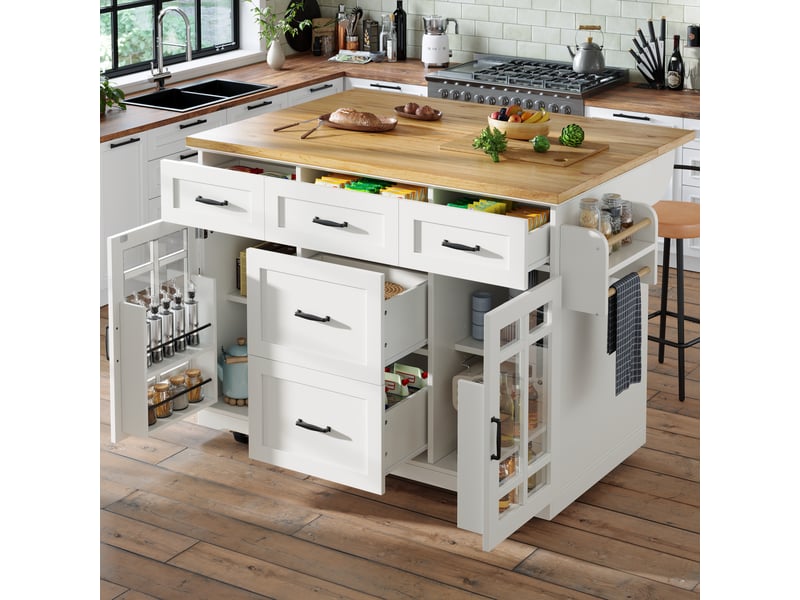 Meuble de cuisine - îlot mobile avec 5 tiroirs, 2 portes et étagère réglable, blanc, 140x40(63,5)x95 cm  - Conforama C