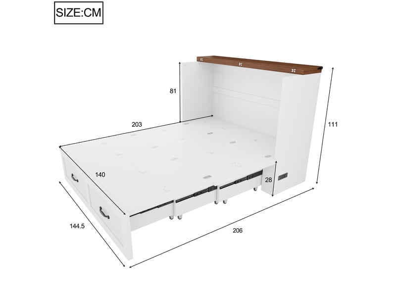  Lit escamotable 140 × 200 cm 2 places avec prise intégrée et roulettes silencieuses, sans matelas, blanc  - Conforama D