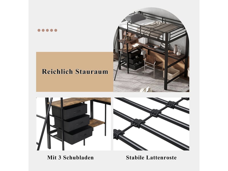  Lit mezzanine 90 x 200 cm avec bureau de 2 m et 3 tiroirs, étagères latérales, échelle inclinée et garde-corps, métal, noir Morn Vibe - Conforama E